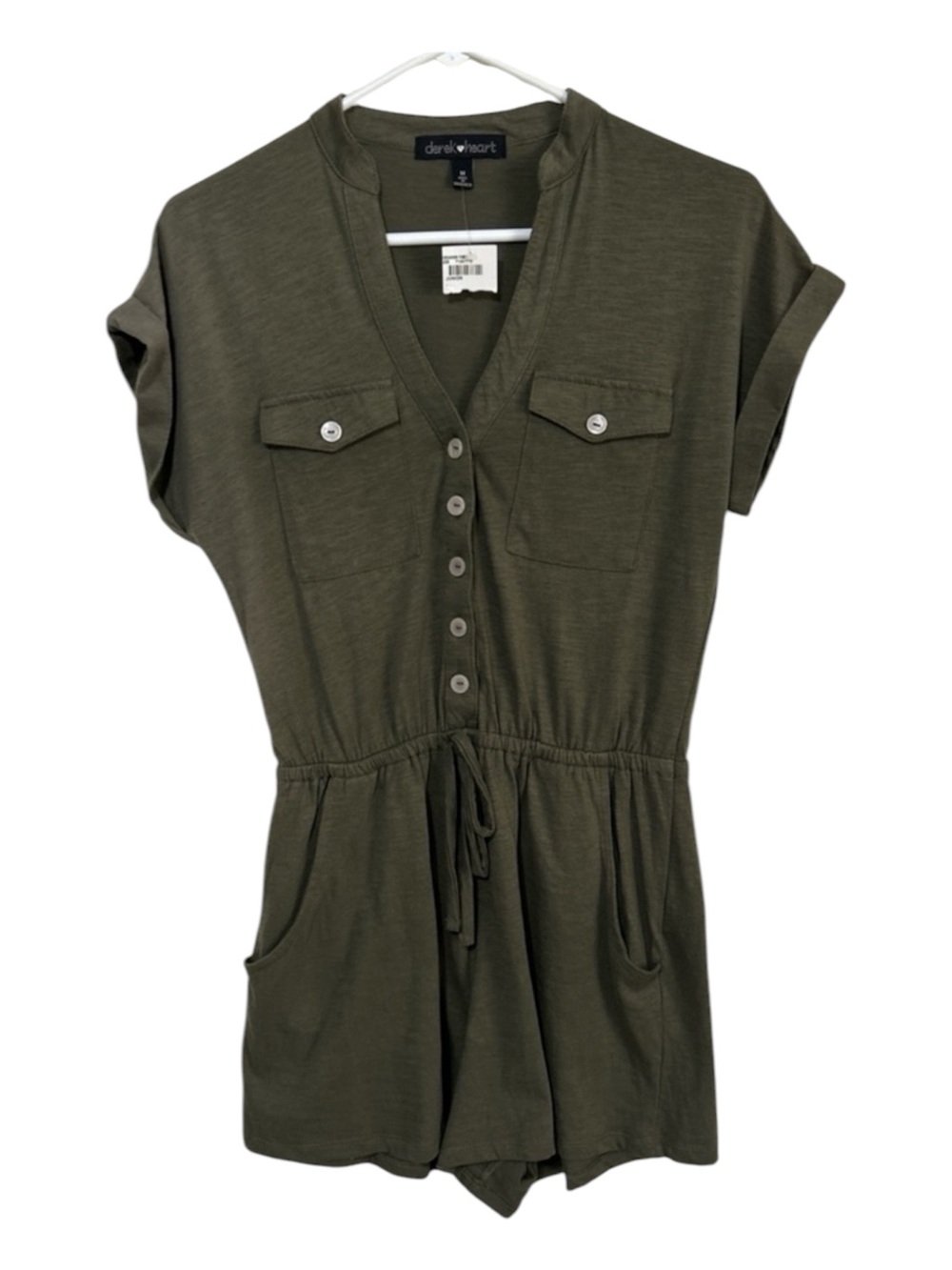 NWT Derek Heart Olive Green Button Front Drawstring Romper Short Jumpsuit Medium